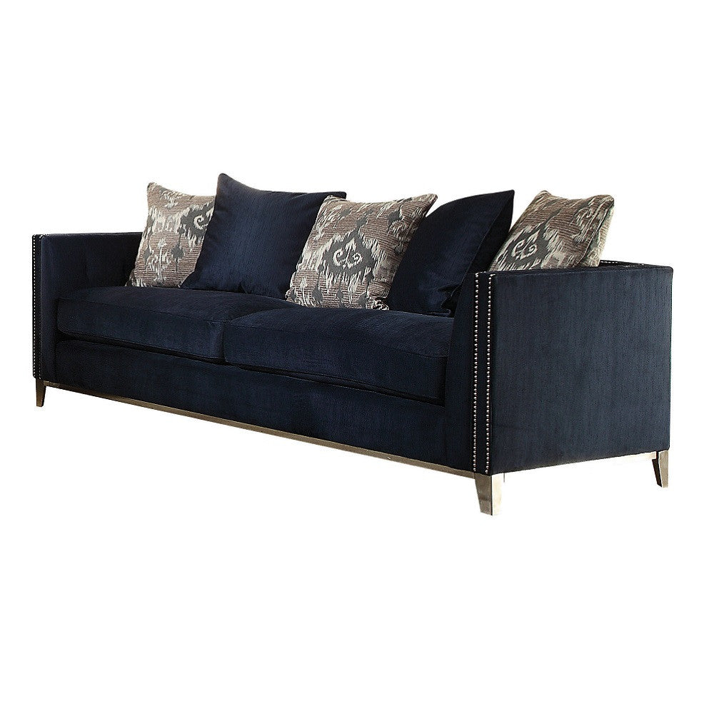 95" Blue Velvet And Black Sofa With Five Toss Pillows By Homeroots | Sofas | Modishstore - 3