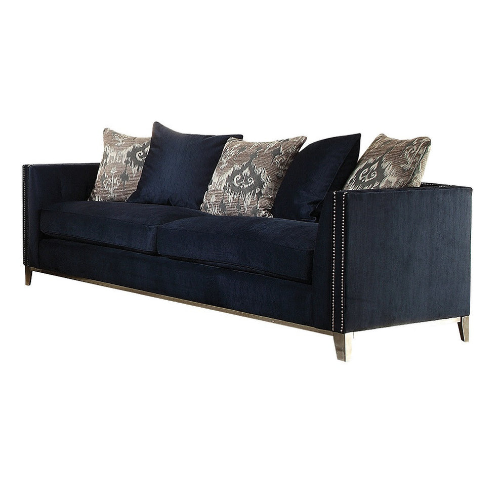 95" Blue Velvet And Black Sofa With Five Toss Pillows By Homeroots | Sofas | Modishstore - 3