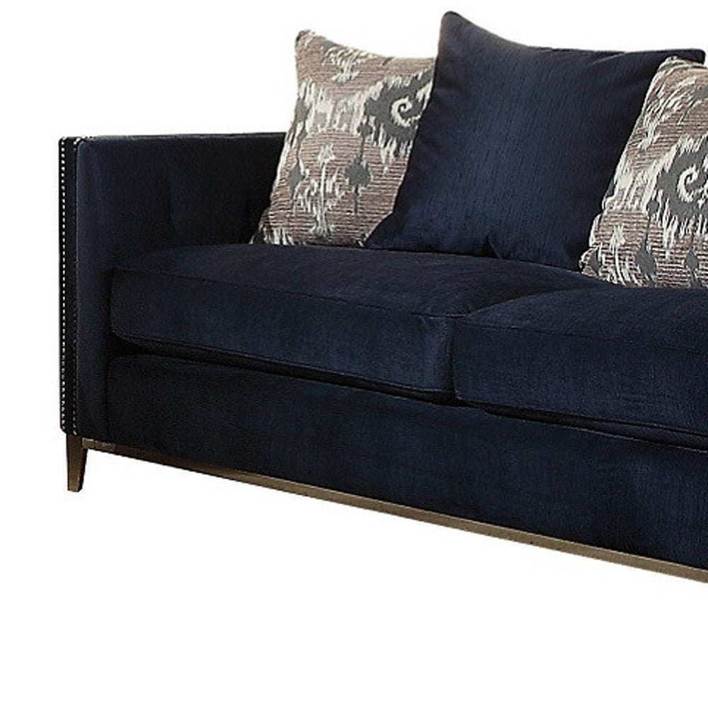 95" Blue Velvet And Black Sofa With Five Toss Pillows By Homeroots | Sofas | Modishstore - 5