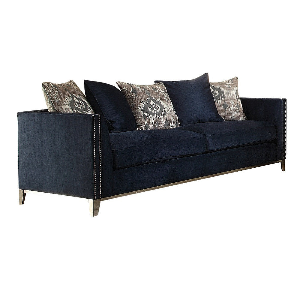 95" Blue Velvet And Black Sofa With Five Toss Pillows By Homeroots | Sofas | Modishstore