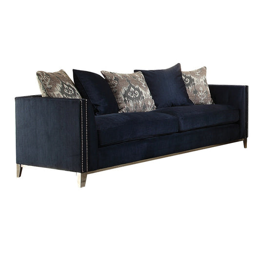 95" Blue Velvet And Black Sofa With Five Toss Pillows By Homeroots | Sofas | Modishstore