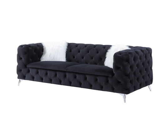 91" Black Velvet And Silver Sofa With Two Toss Pillows By Homeroots