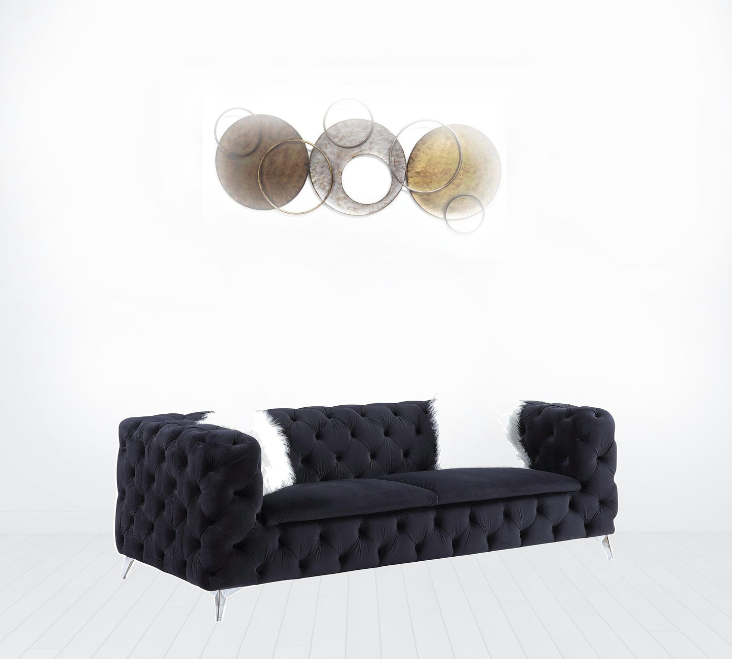 91" Black Velvet And Silver Sofa With Two Toss Pillows By Homeroots | Sofas | Modishstore - 3