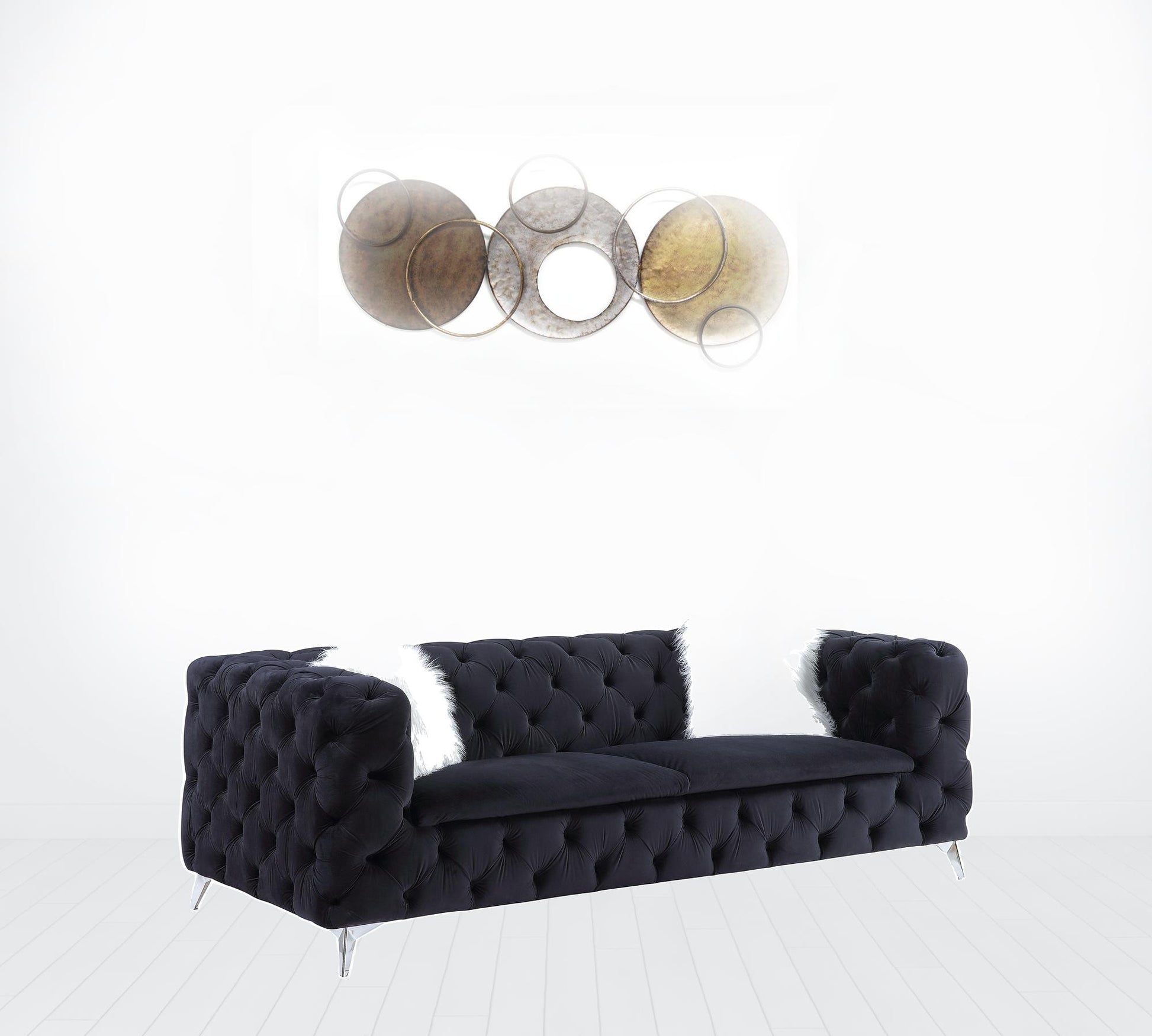 91" Black Velvet And Silver Sofa With Two Toss Pillows By Homeroots | Sofas | Modishstore - 3