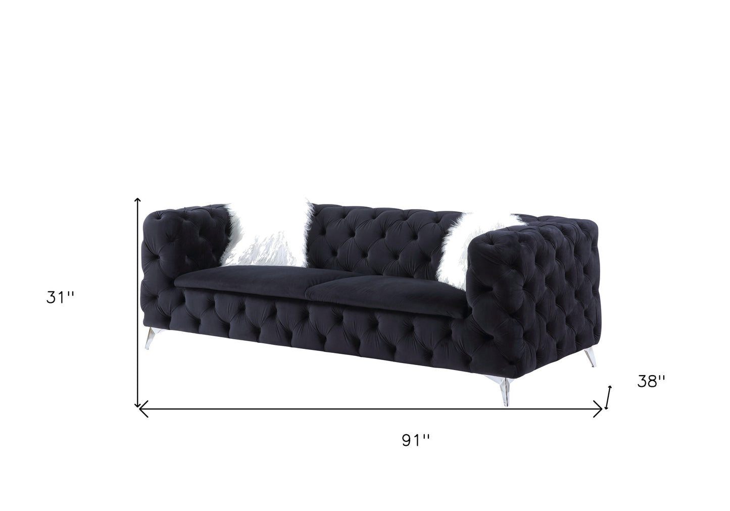 91" Black Velvet And Silver Sofa With Two Toss Pillows By Homeroots