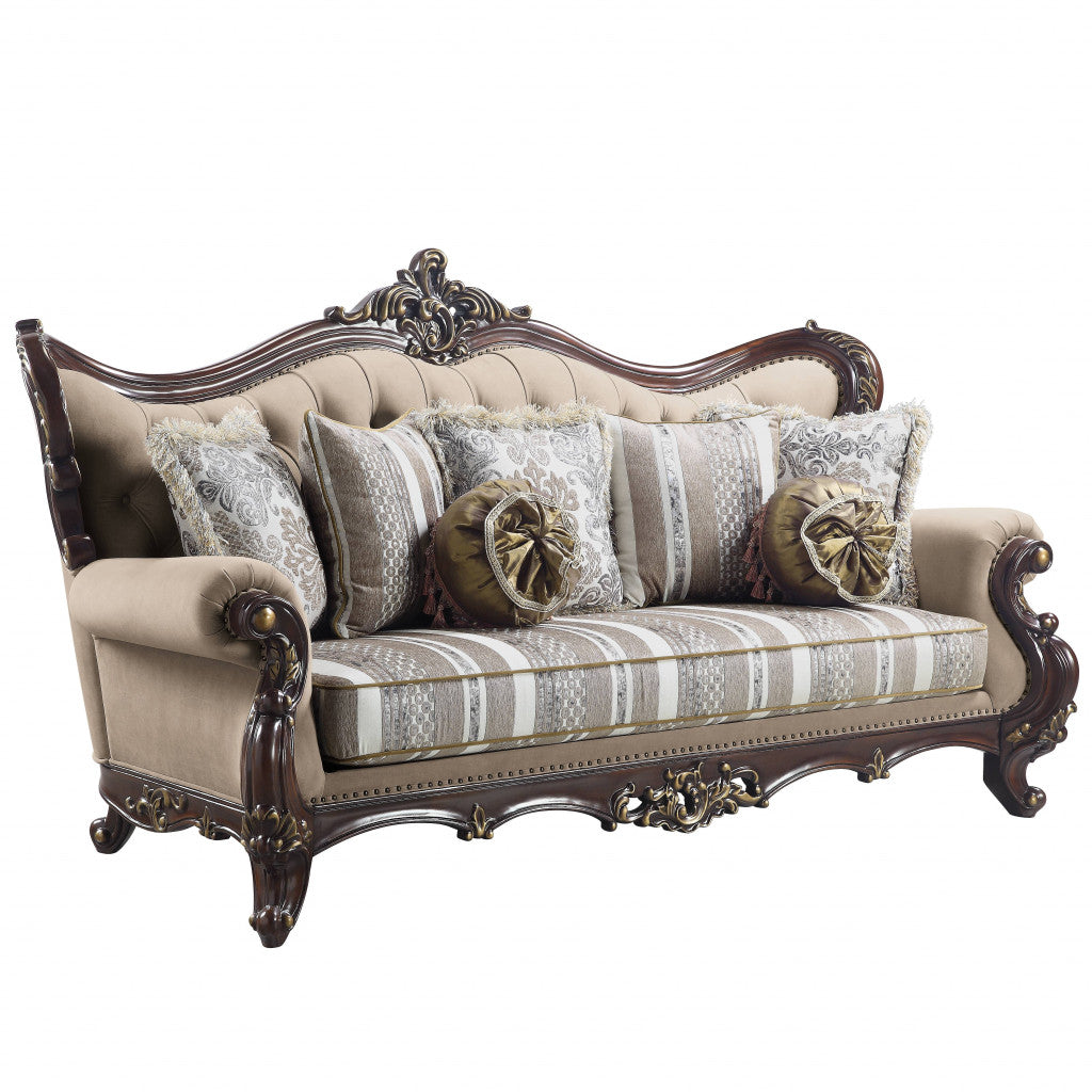 92" Brown Linen And Cherry Blossom Pink Sofa With Seven Toss Pillows By Homeroots | Sofas | Modishstore