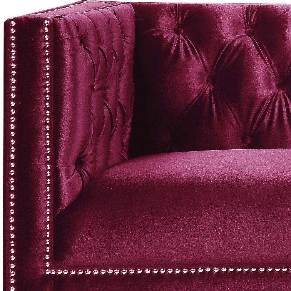 89" Burgundy Velvet And Black Sofa With Two Toss Pillows By Homeroots | Sofas | Modishstore - 4