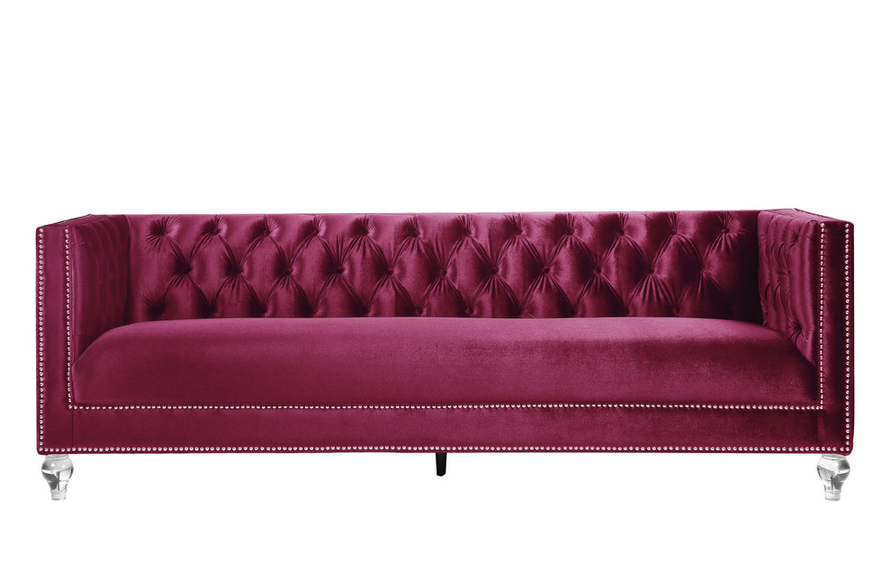 89" Burgundy Velvet And Black Sofa With Two Toss Pillows By Homeroots | Sofas | Modishstore - 2