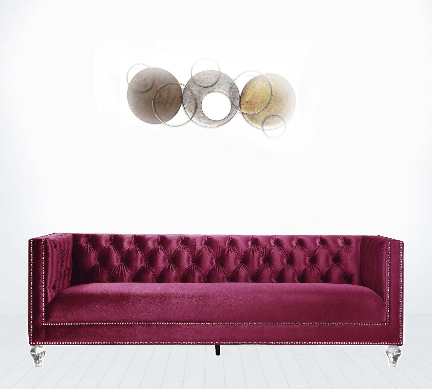 89" Burgundy Velvet And Black Sofa With Two Toss Pillows By Homeroots