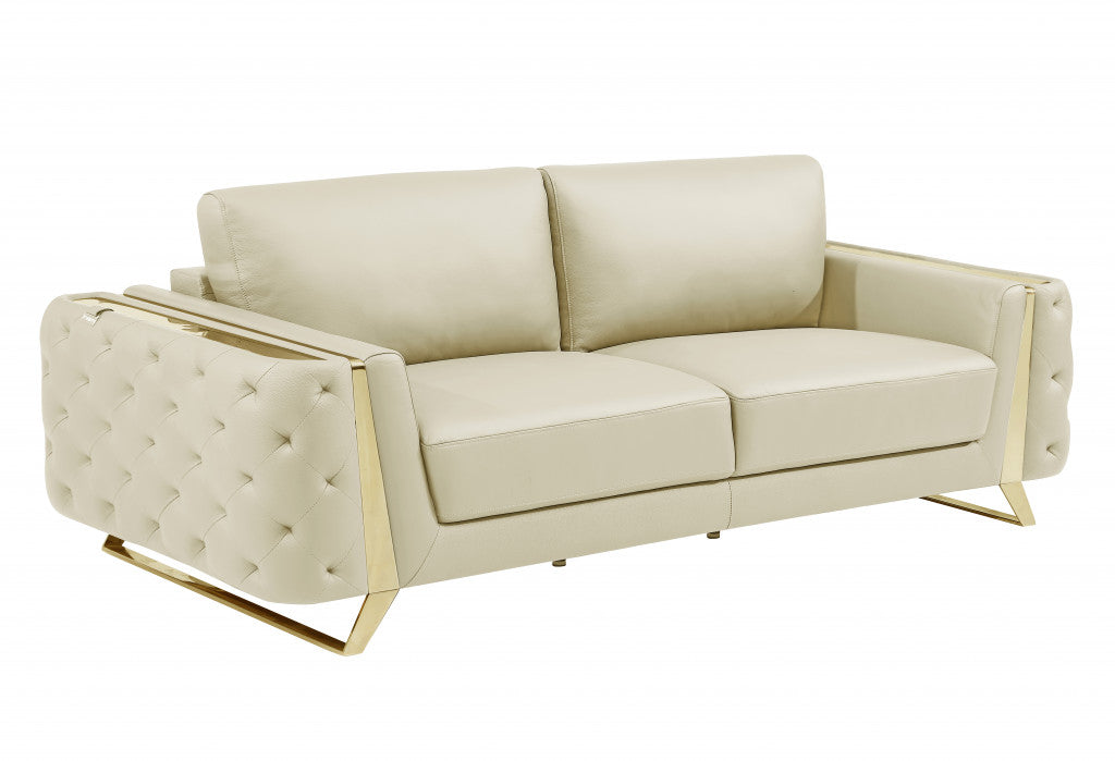 90" Beige Italian Leather And Gold Sofa By Homeroots | Sofas | Modishstore - 2