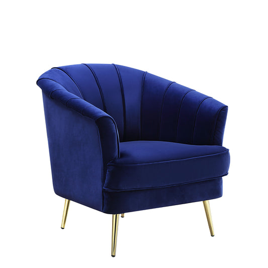 31" Blue Velvet And Gold Striped Barrel Chair By Homeroots