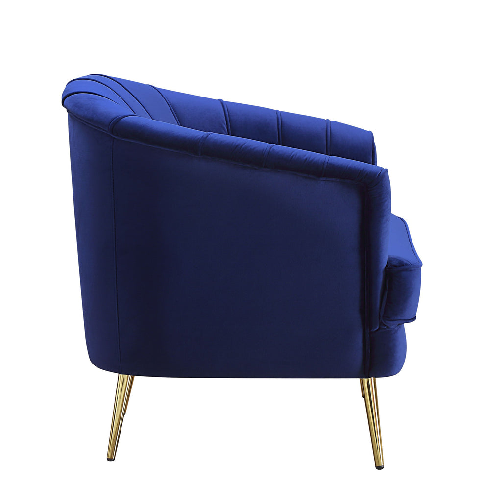 31" Blue Velvet And Gold Striped Barrel Chair By Homeroots | Armchairs | Modishstore - 3