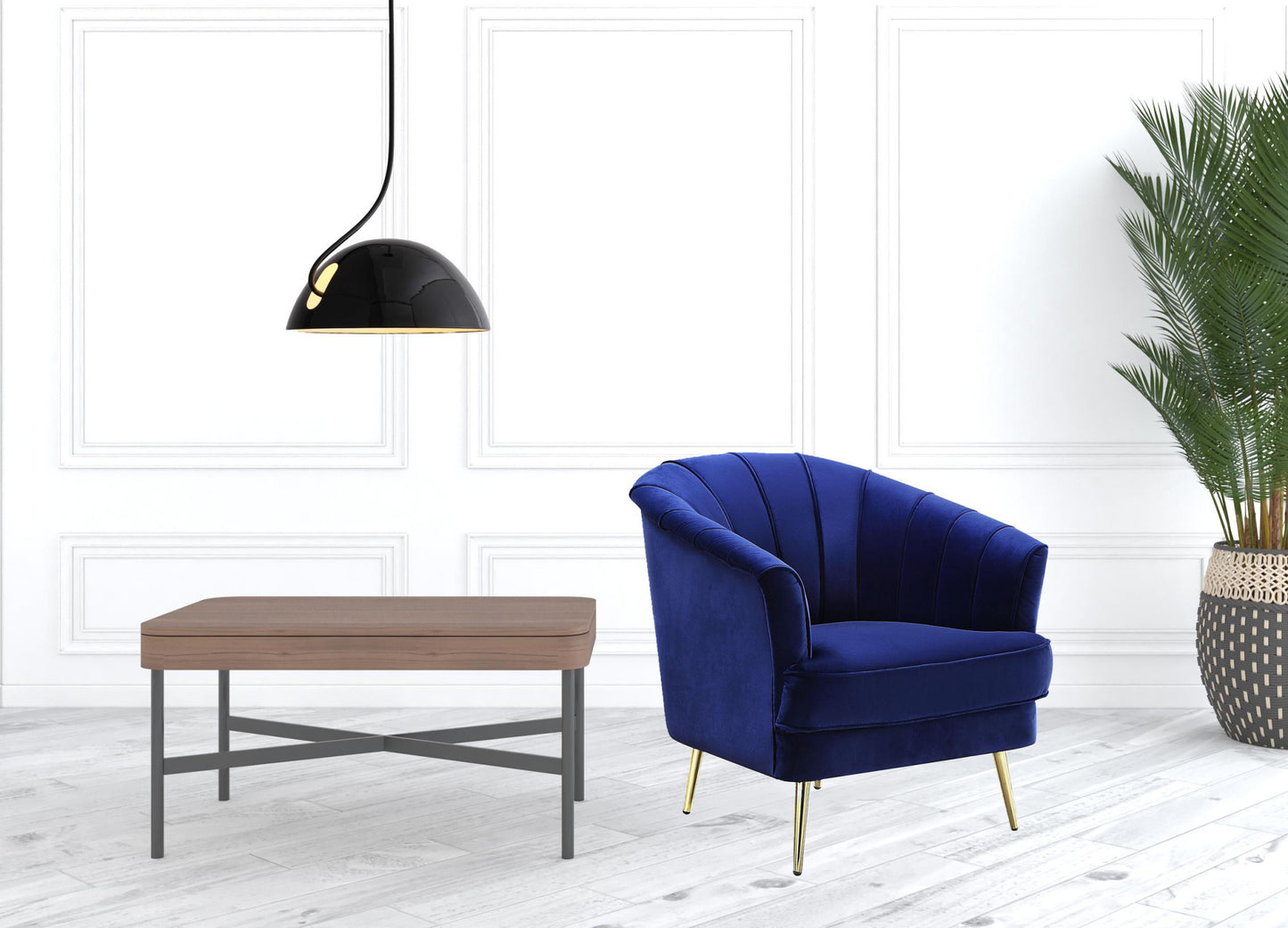 31" Blue Velvet And Gold Striped Barrel Chair By Homeroots | Armchairs | Modishstore - 4