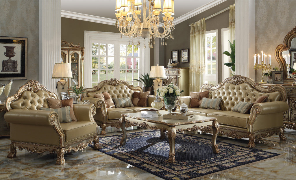 45" Ivory Faux Leather And Gold Patina Ornate Arm Chair By Homeroots | Armchairs | Modishstore