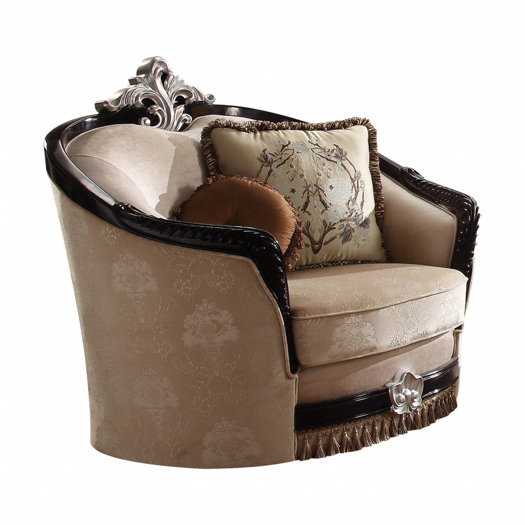 47" Tan Fabric And Black Ornate Frame Damask Arm Chair with Accent Pillows By Homeroots | Armchairs | Modishstore
