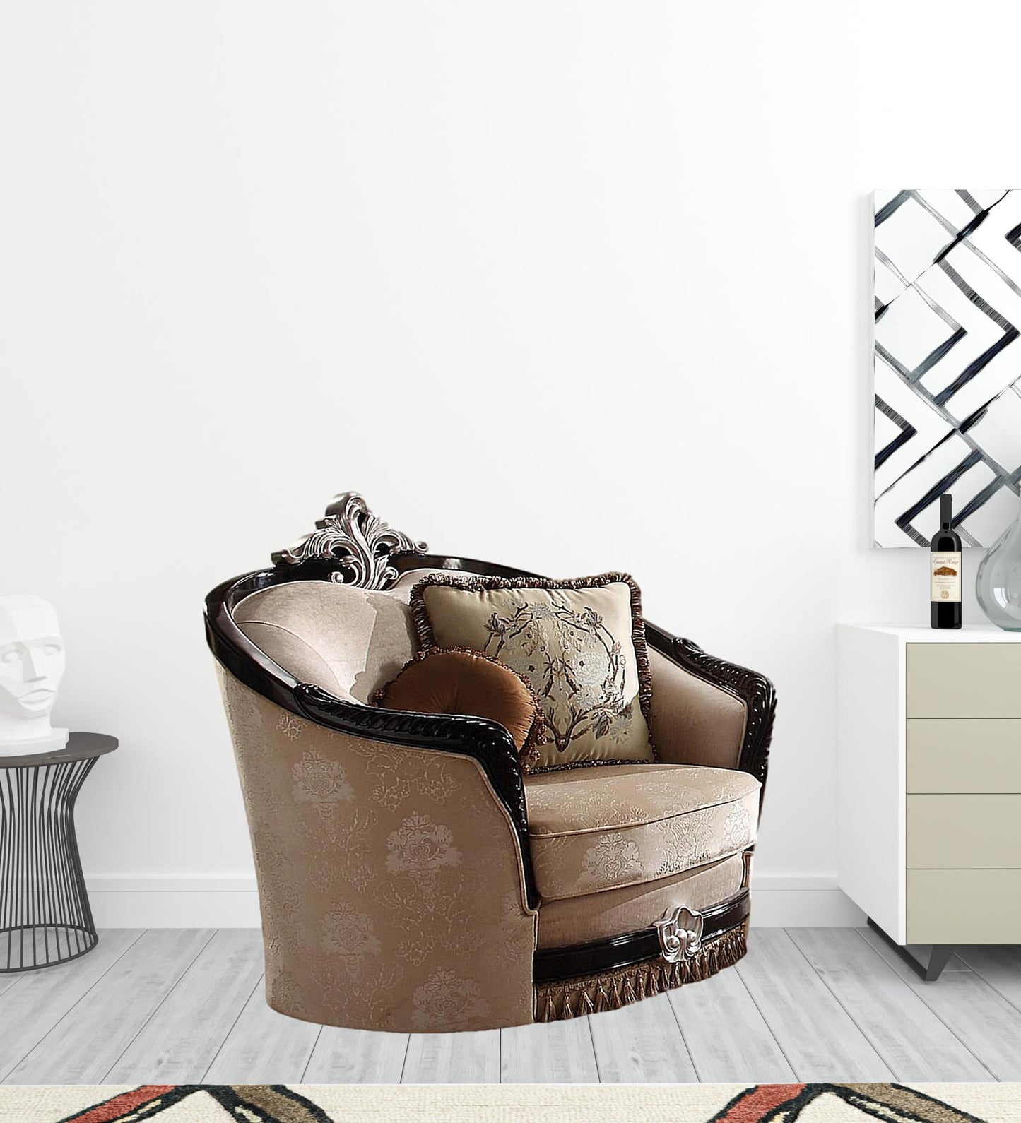 47" Tan Fabric And Black Ornate Frame Damask Arm Chair with Accent Pillows By Homeroots | Armchairs | Modishstore - 2