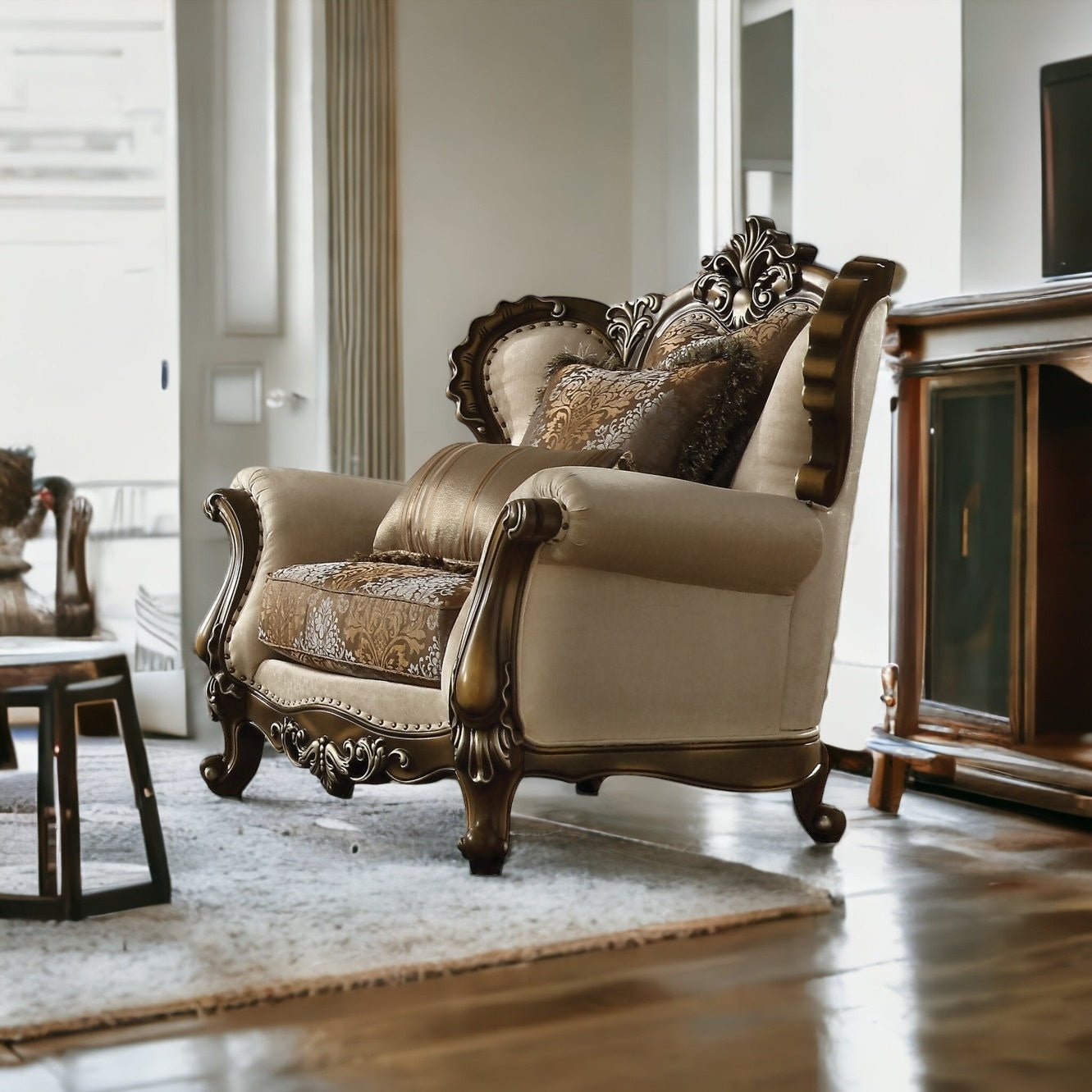 49" Tan And Brown Fabric Floral Tufted Wingback Chair By Homeroots | Armchairs | Modishstore - 2
