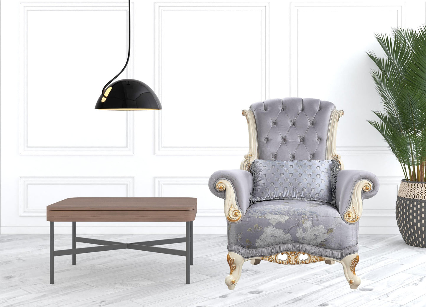 41" Gray Fabric And Black Floral Tufted Arm Chair By Homeroots | Armchairs | Modishstore - 2