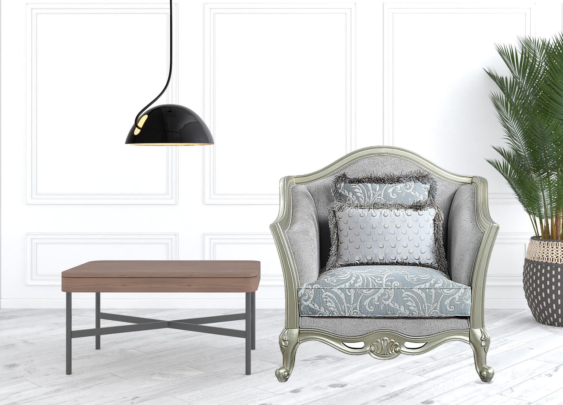 44" Light Gray Linen And Champagne Floral Arm Chair By Homeroots | Armchairs | Modishstore - 2