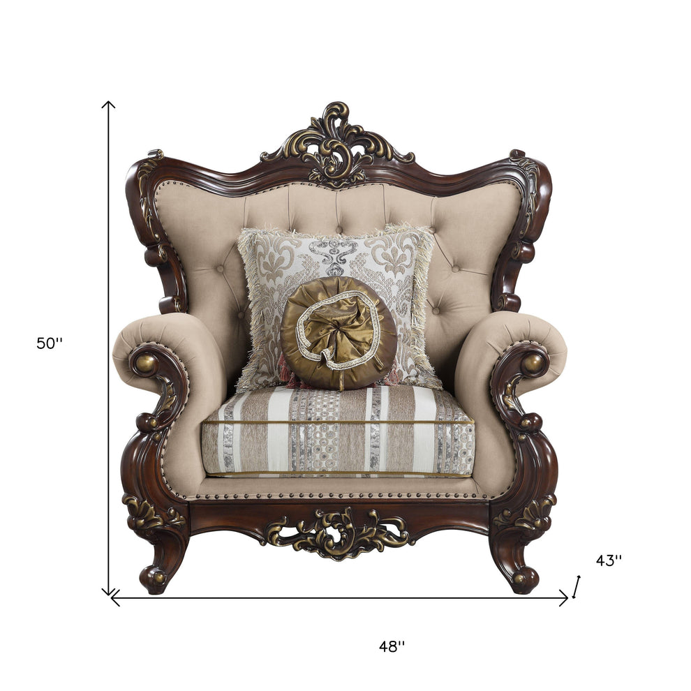 48" Light Brown Linen And Cherry Floral Arm Chair By Homeroots | Armchairs | Modishstore - 5