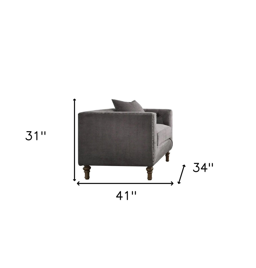 41" Gray And Brown Velvet Tufted Arm Chair By Homeroots | Armchairs | Modishstore - 5