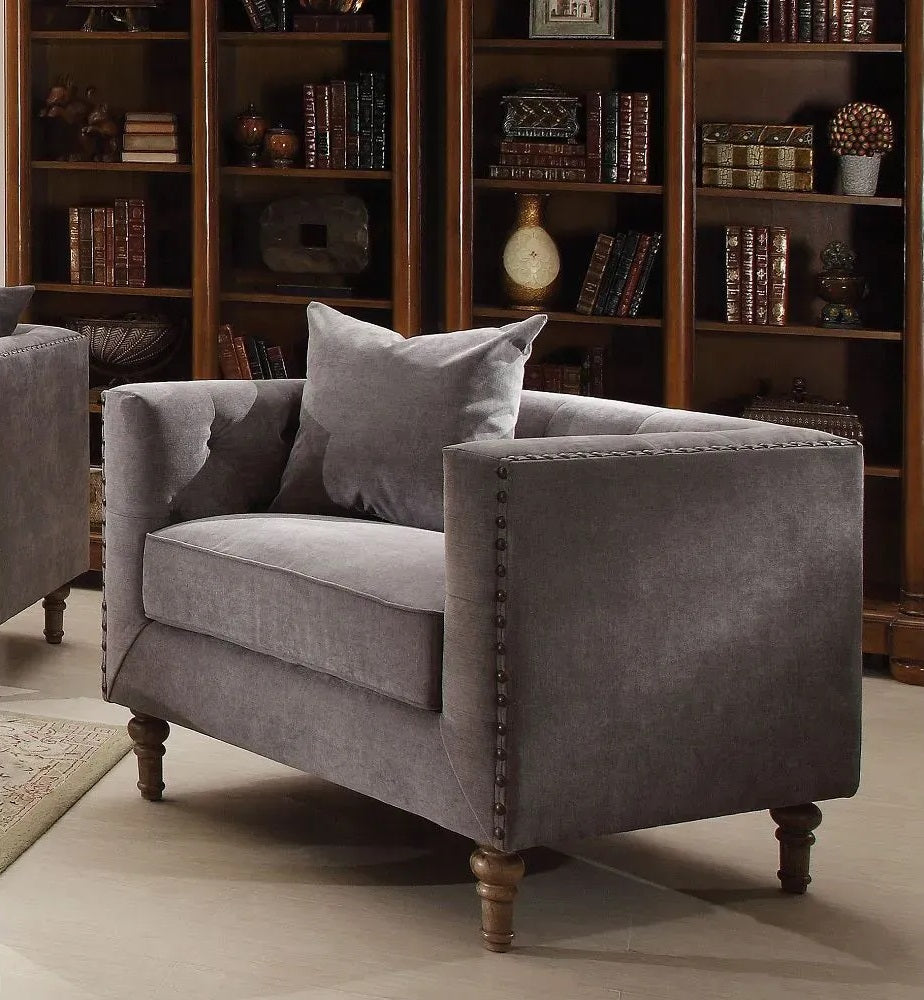 41" Gray And Brown Velvet Tufted Arm Chair By Homeroots | Armchairs | Modishstore - 3