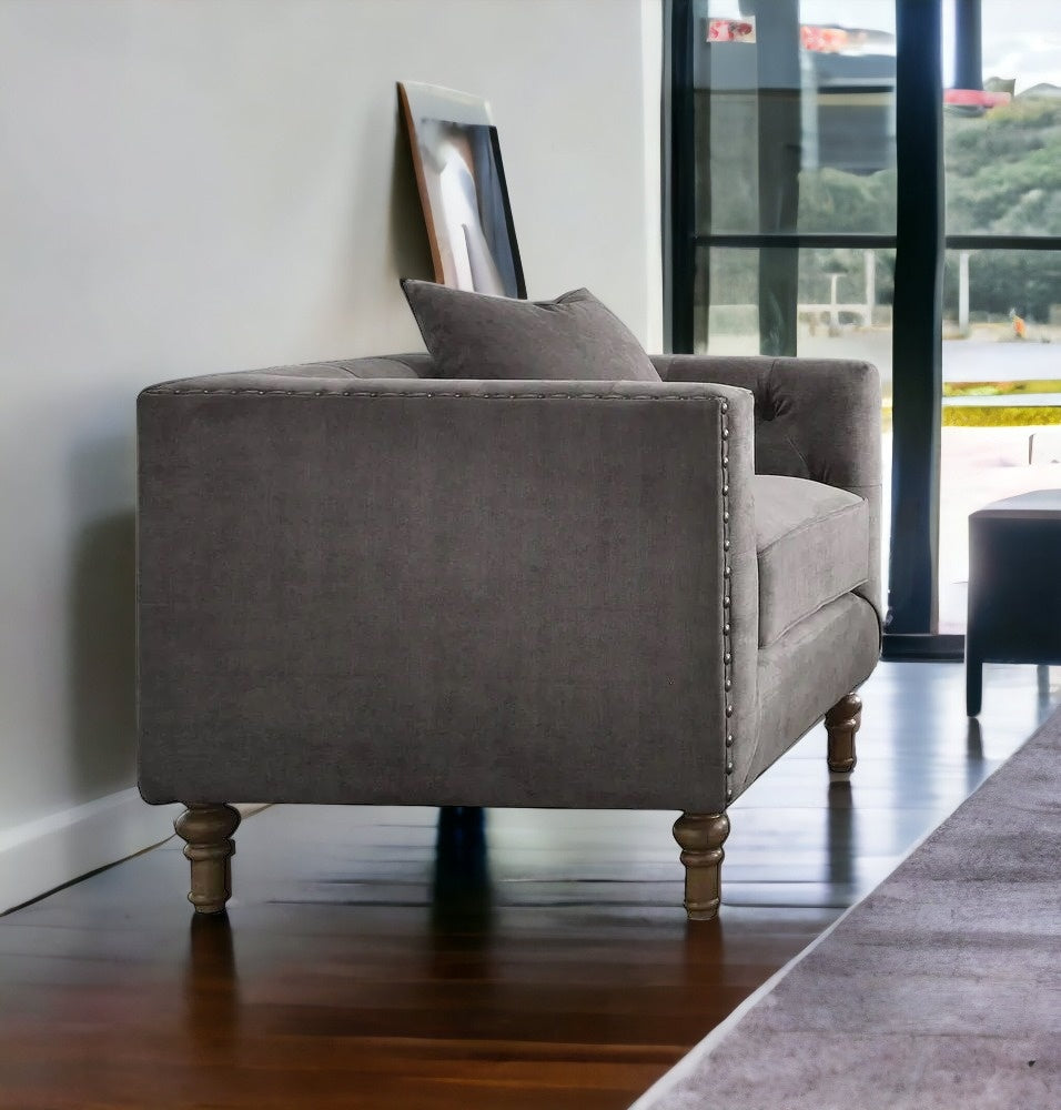 41" Gray And Brown Velvet Tufted Arm Chair By Homeroots | Armchairs | Modishstore - 2