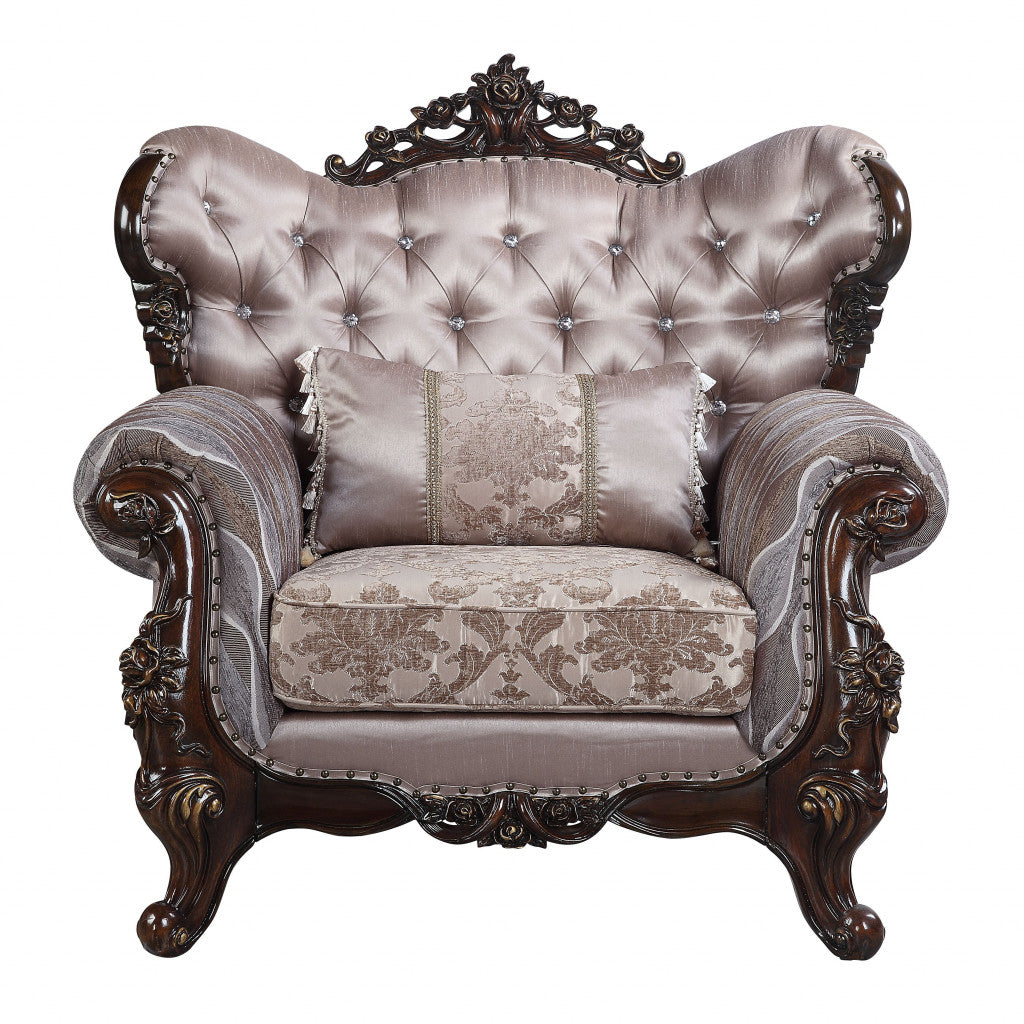46" Light Gray Fabric And Antique Oak Floral Tufted Arm Chair By Homeroots | Armchairs | Modishstore
