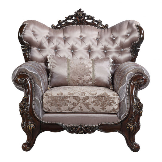 46" Light Gray Fabric And Antique Oak Floral Tufted Arm Chair By Homeroots