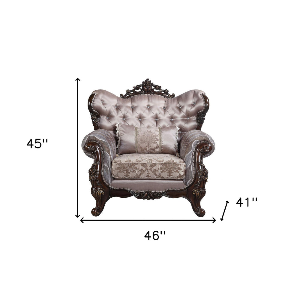 46" Light Gray Fabric And Antique Oak Floral Tufted Arm Chair By Homeroots | Armchairs | Modishstore - 5