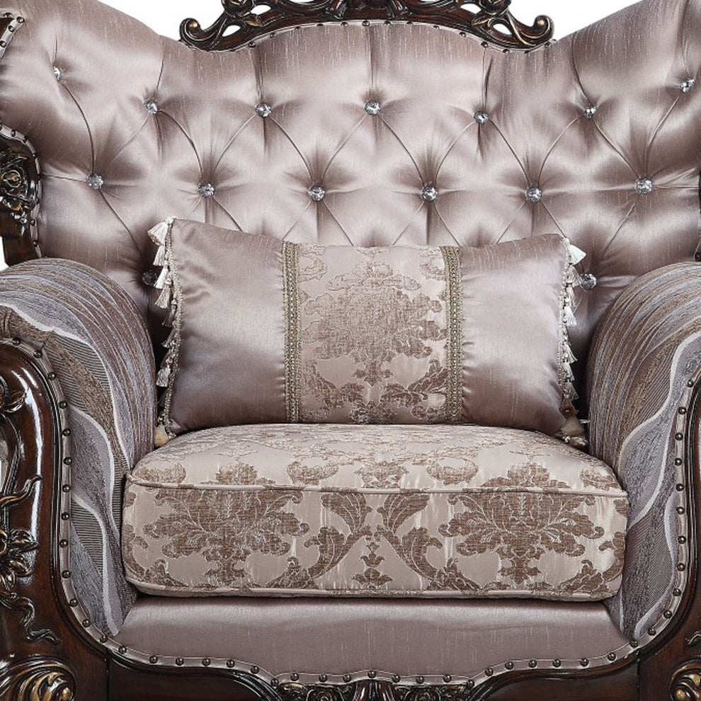 46" Light Gray Fabric And Antique Oak Floral Tufted Arm Chair By Homeroots | Armchairs | Modishstore - 3