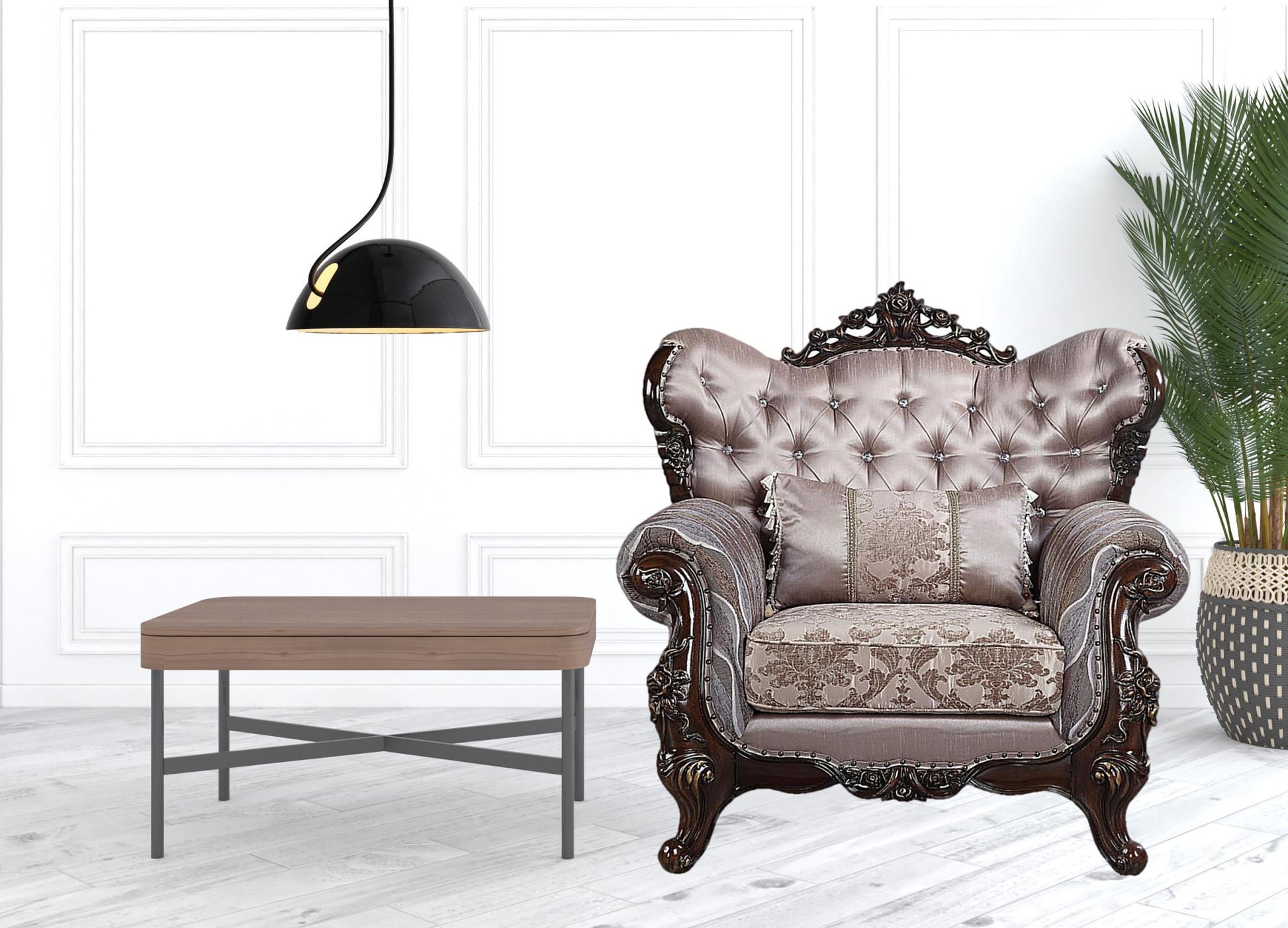 46" Light Gray Fabric And Antique Oak Floral Tufted Arm Chair By Homeroots | Armchairs | Modishstore - 2