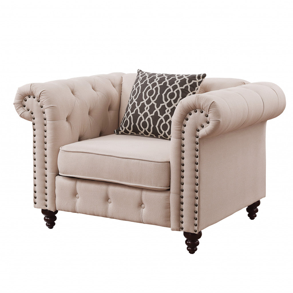 45" Beige Linen And Black Tufted Chesterfield Chair By Homeroots | Armchairs | Modishstore