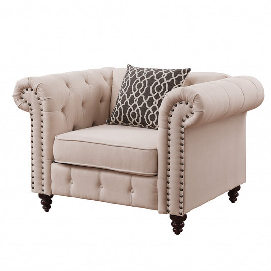 45" Beige Linen And Black Tufted Chesterfield Chair By Homeroots