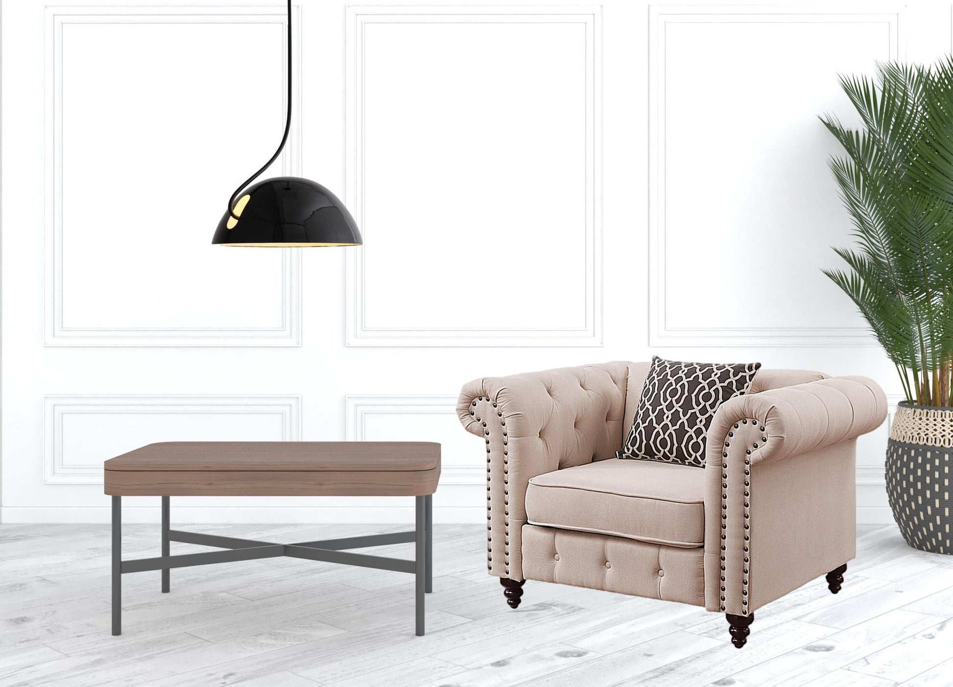 45" Beige Linen And Black Tufted Chesterfield Chair By Homeroots | Armchairs | Modishstore - 2