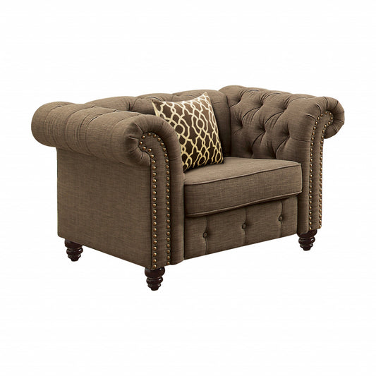 45" Brown Linen And Black Tufted Chesterfield Chair By Homeroots