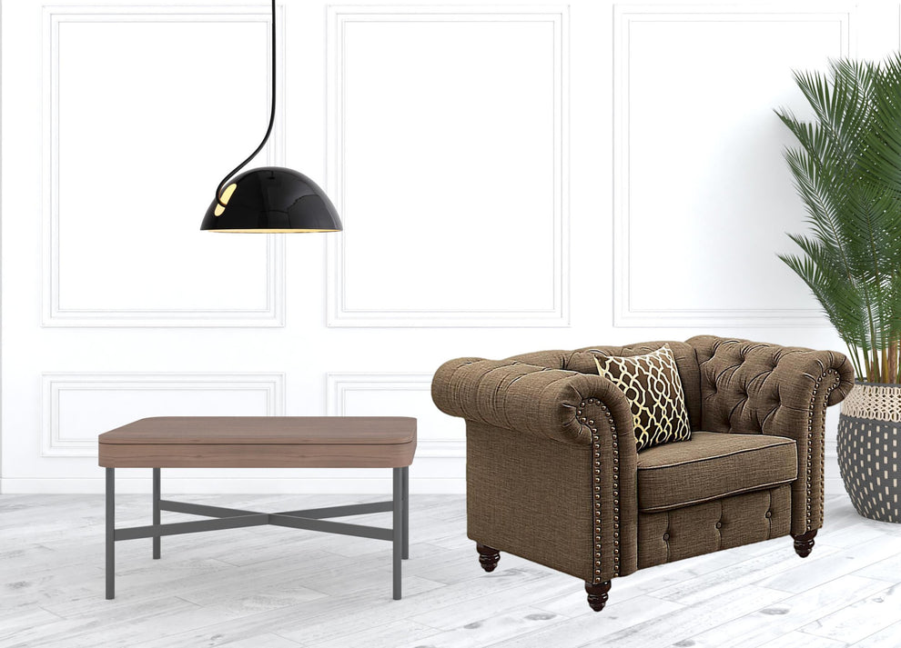 45" Brown Linen And Black Tufted Chesterfield Chair By Homeroots | Armchairs | Modishstore - 2