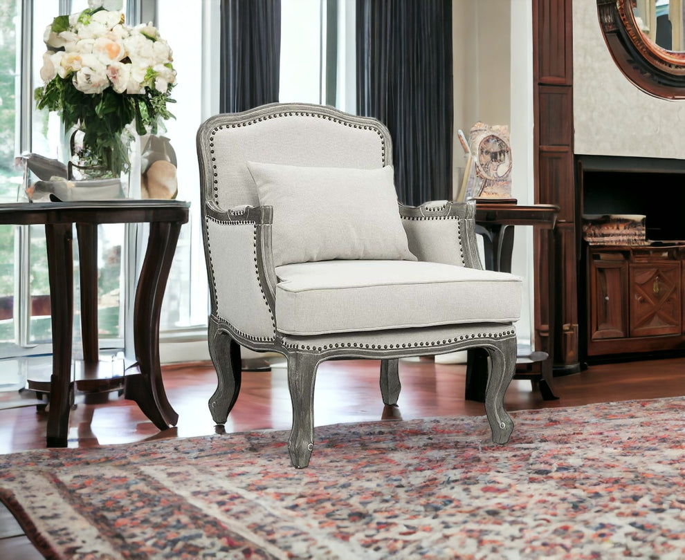 29" Cream And Brown Linen Arm Chair By Homeroots | Armchairs | Modishstore - 4
