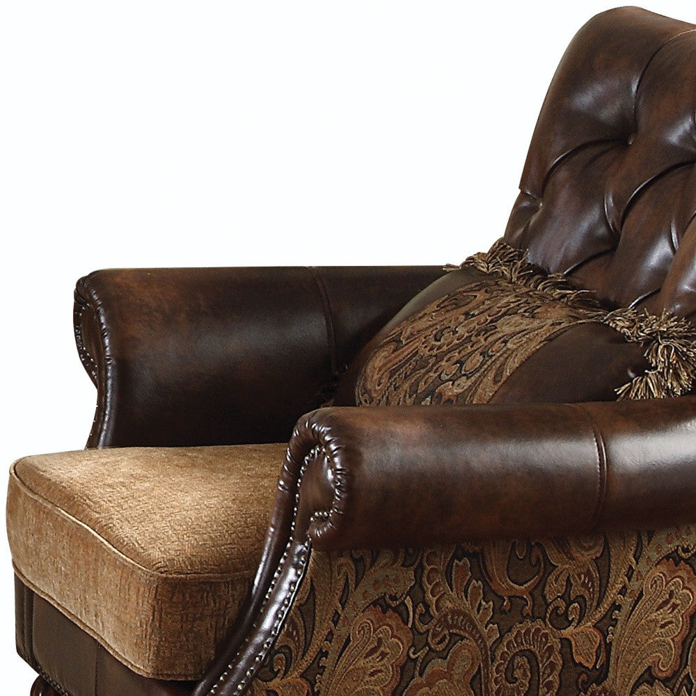 38" Brown And Black Faux Leather Floral Tufted Arm Chair By Homeroots | Armchairs | Modishstore - 3