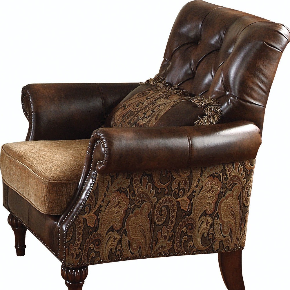 38" Brown And Black Faux Leather Floral Tufted Arm Chair By Homeroots | Armchairs | Modishstore - 4