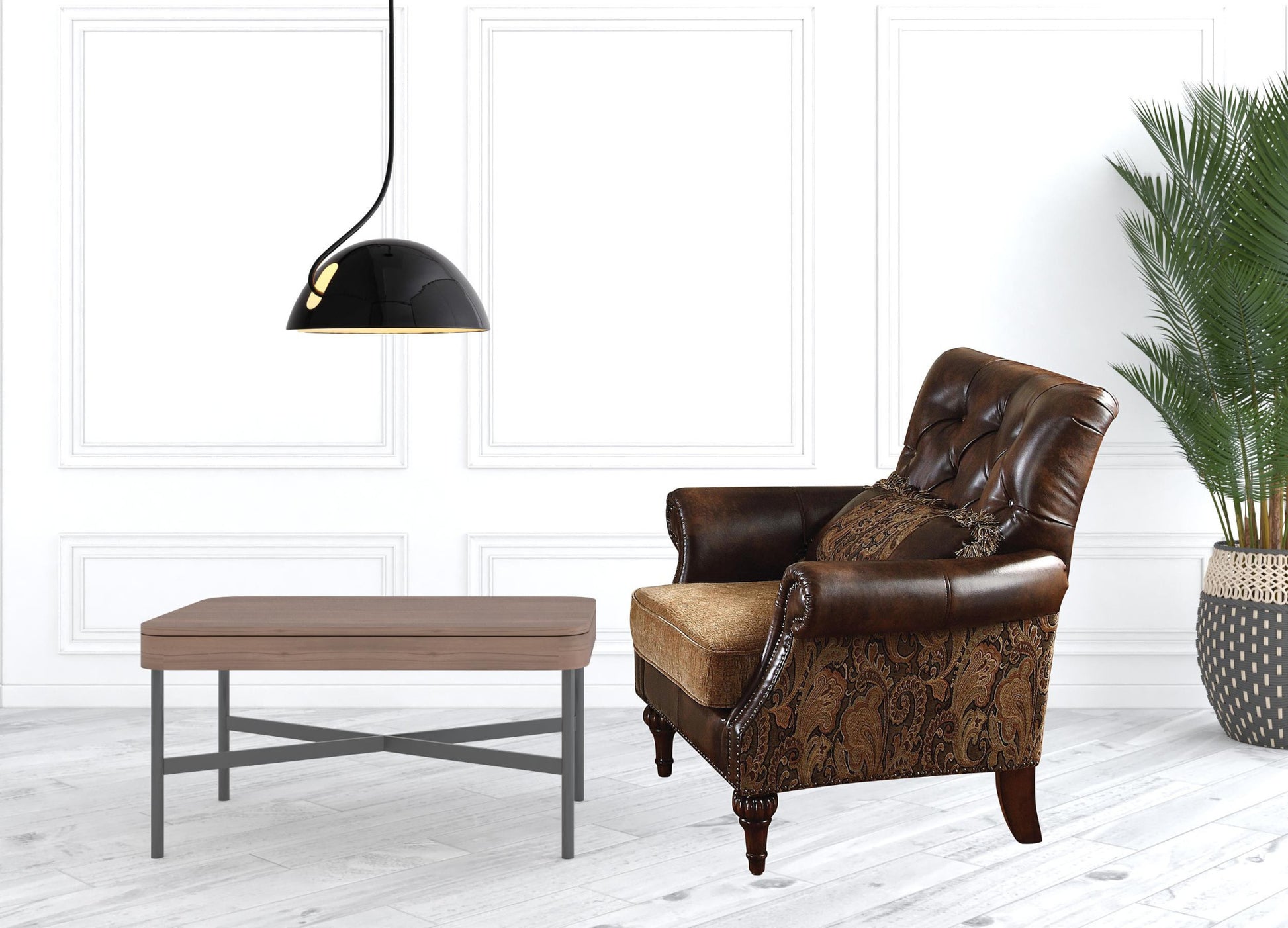 38" Brown And Black Faux Leather Floral Tufted Arm Chair By Homeroots | Armchairs | Modishstore - 2