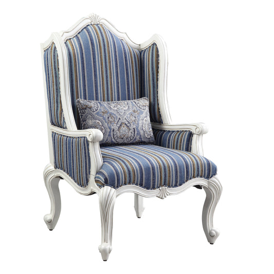 31" Blue White And Brown Fabric And White Striped Wingback Chair By Homeroots