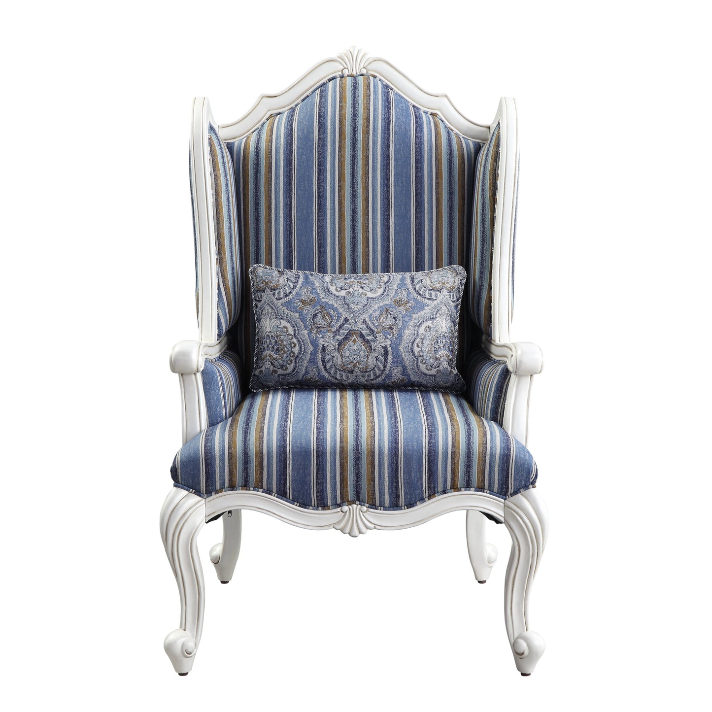 31" Blue White And Brown Fabric And White Striped Wingback Chair By Homeroots | Armchairs | Modishstore - 2