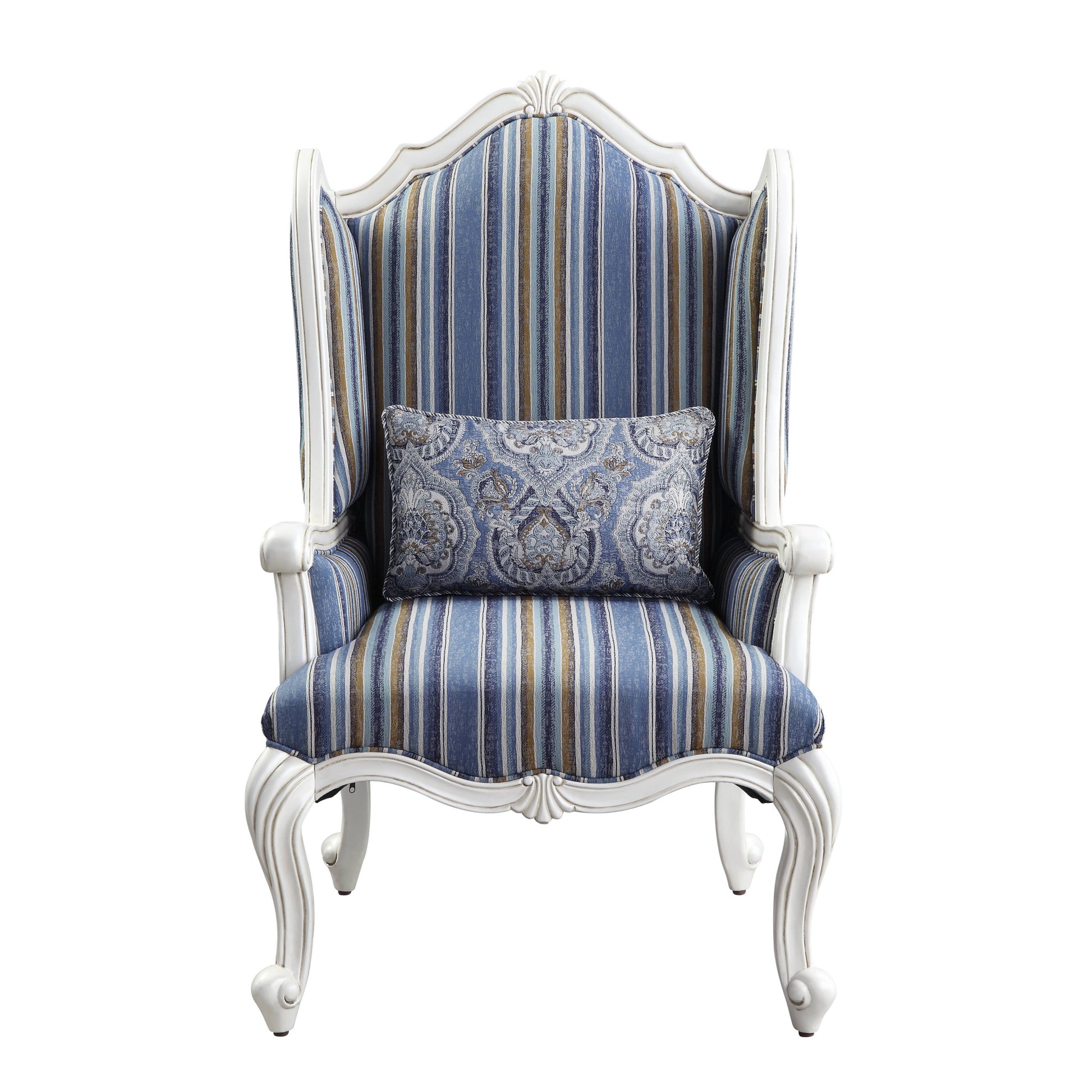 31" Blue White And Brown Fabric And White Striped Wingback Chair By Homeroots | Armchairs | Modishstore - 2