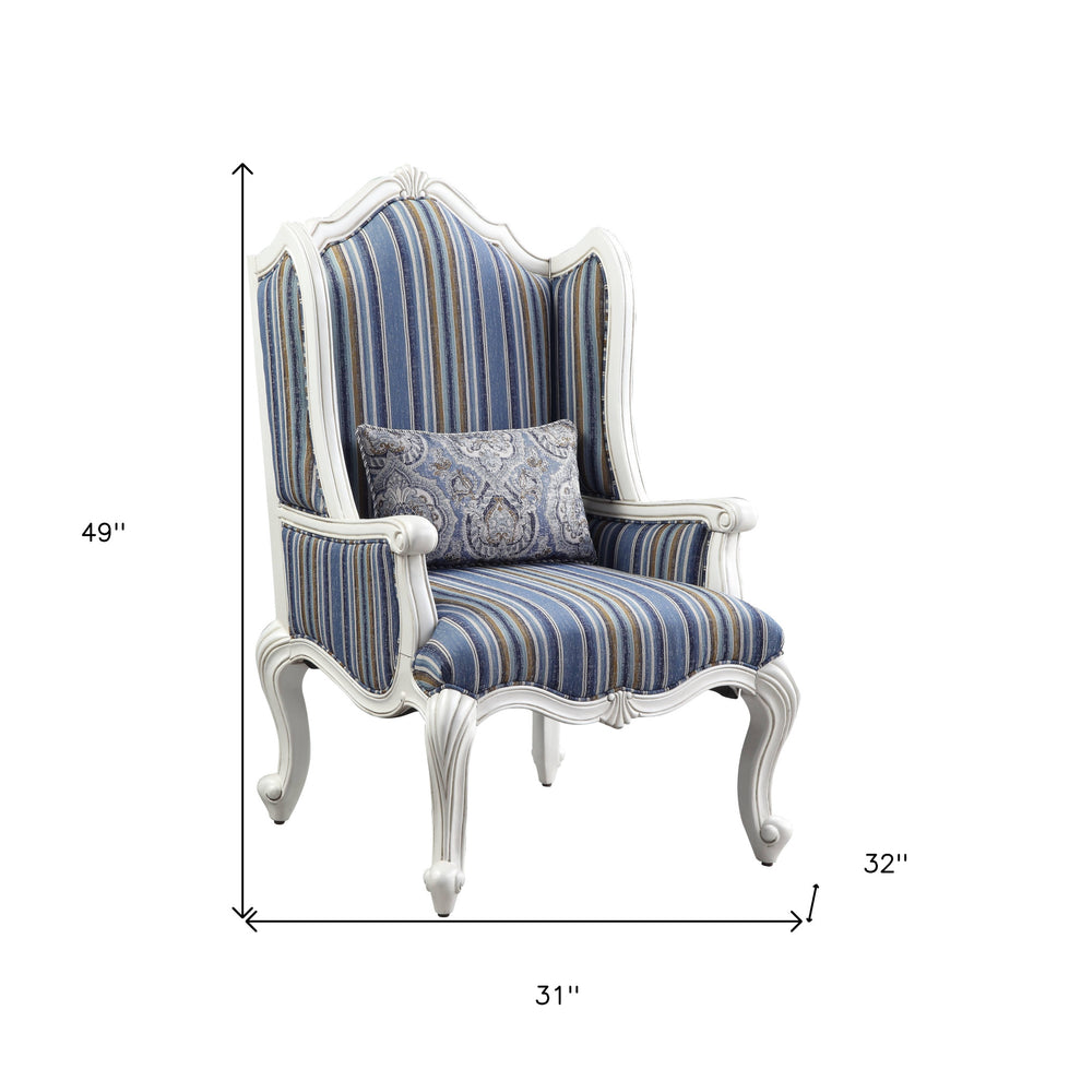 31" Blue White And Brown Fabric And White Striped Wingback Chair By Homeroots | Armchairs | Modishstore - 7
