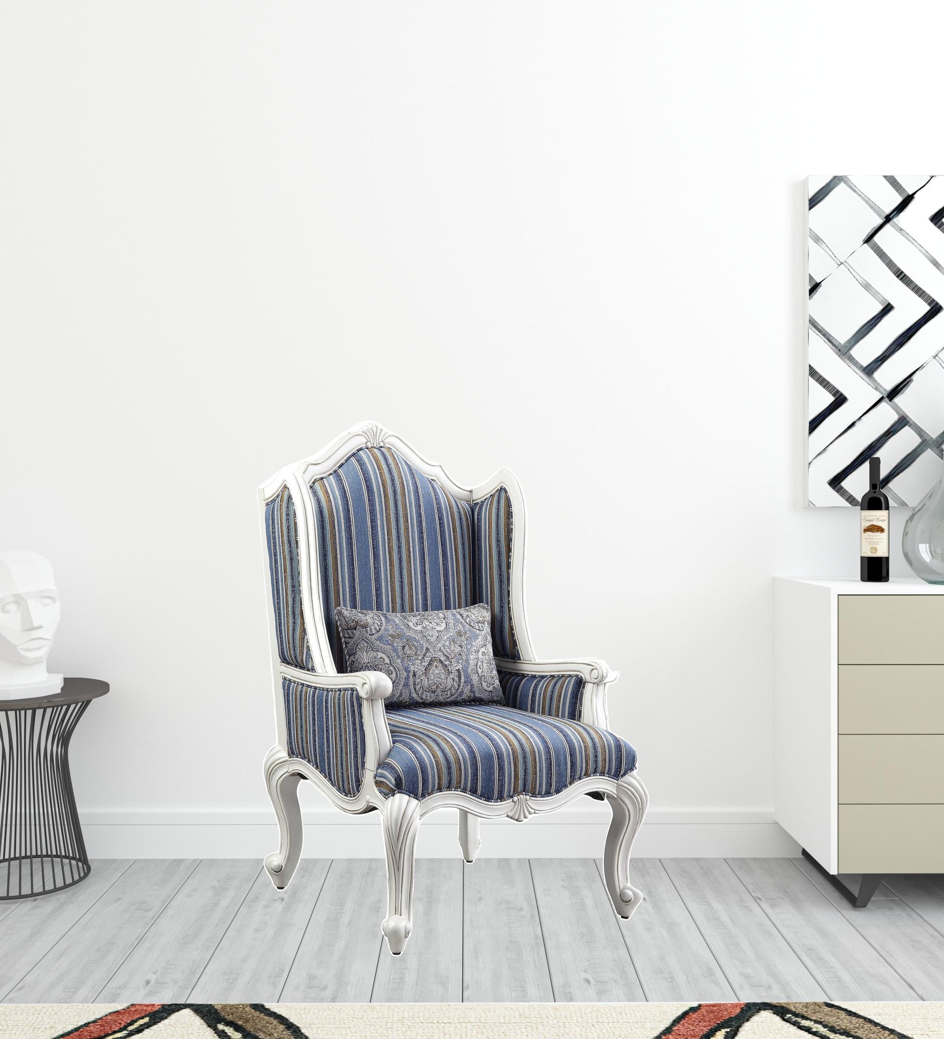 31" Blue White And Brown Fabric And White Striped Wingback Chair By Homeroots | Armchairs | Modishstore - 5