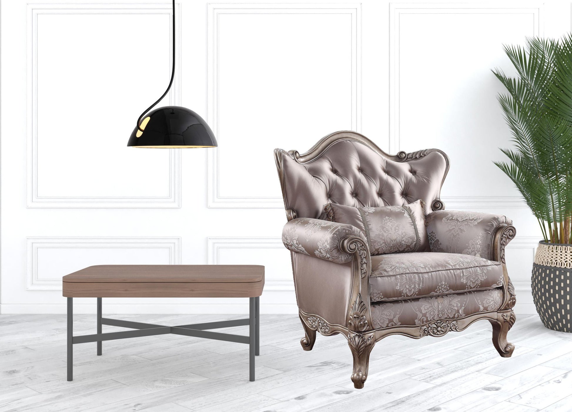 45" Champagne Fabric Floral Tufted Arm Chair By Homeroots | Armchairs | Modishstore - 2