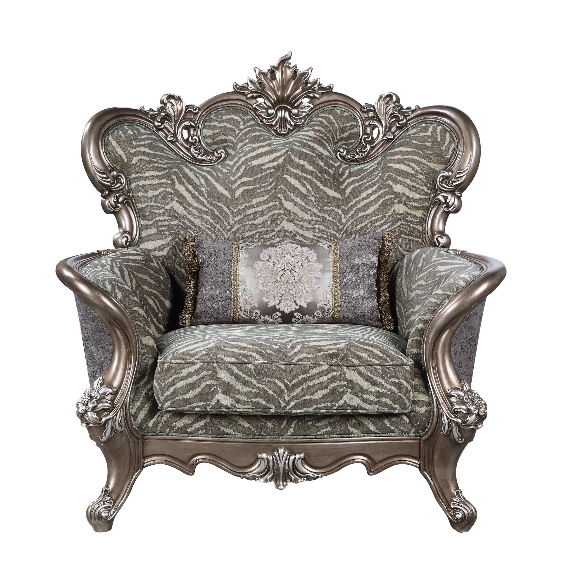 47" Gray Fabric And Antique Bronze Floral Tufted Wingback Chair By Homeroots | Armchairs | Modishstore