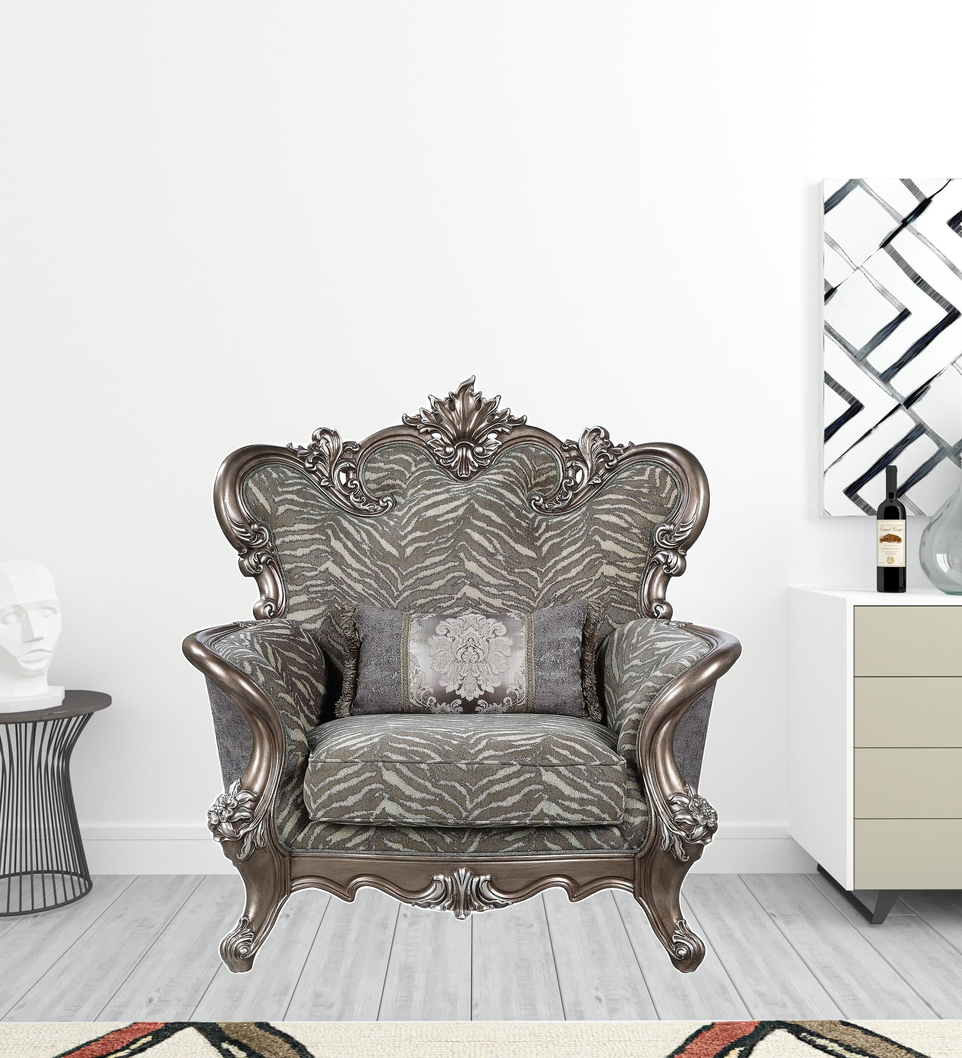 47" Gray Fabric And Antique Bronze Floral Tufted Wingback Chair By Homeroots | Armchairs | Modishstore - 2