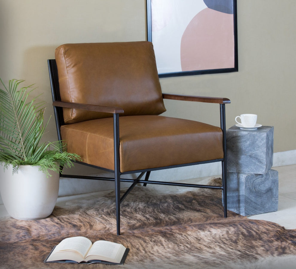 24" Brown Top Grain Leather And Black Solid Color Arm Chair By Homeroots | Armchairs | Modishstore - 5